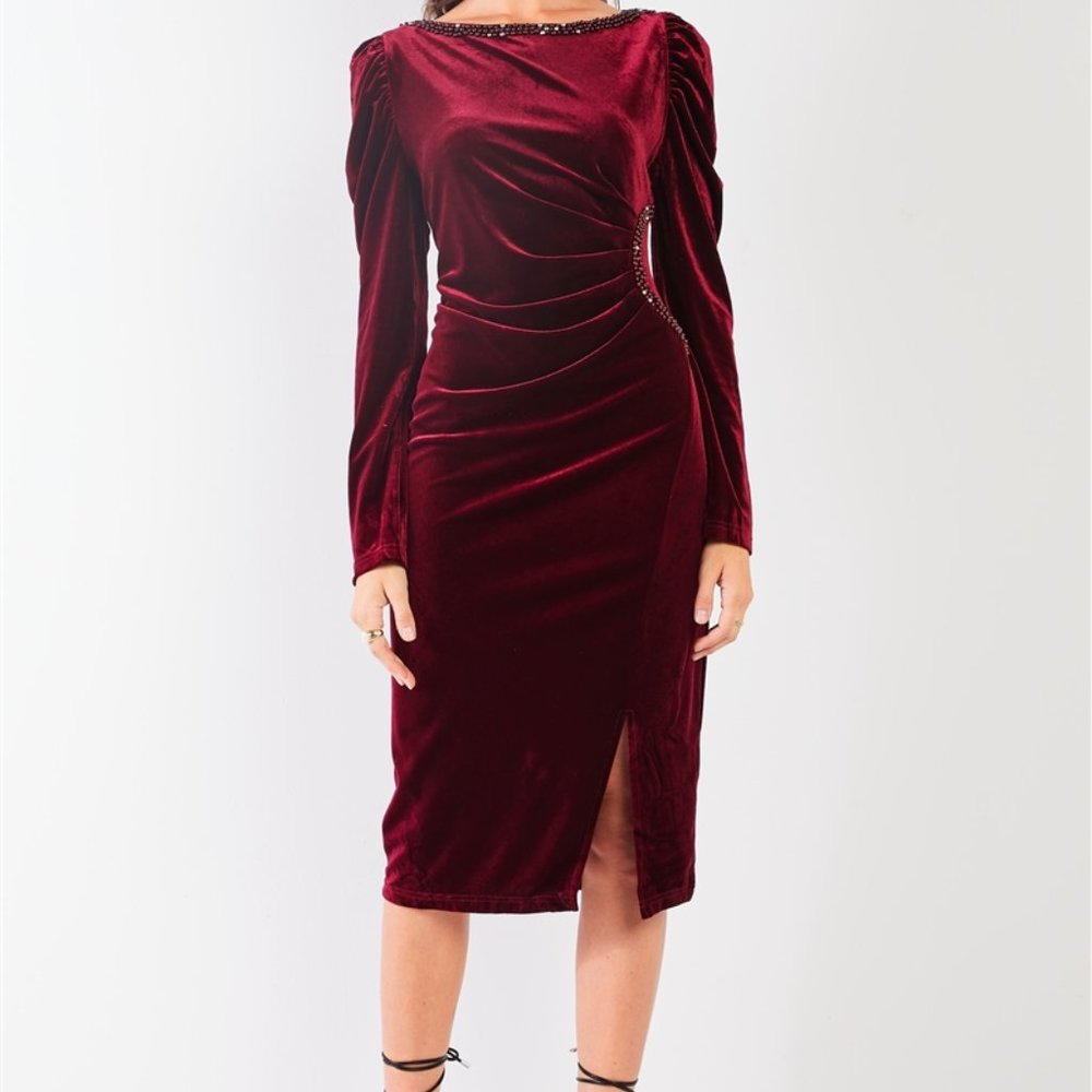 Velvet Long Sleeve Midi Dress - Burgundy
